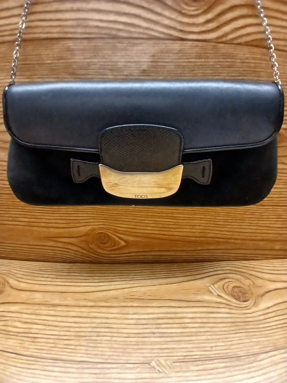 Tod's Black Leather and Suede Chain Shoulder Bag with Silver-Tone Hardware